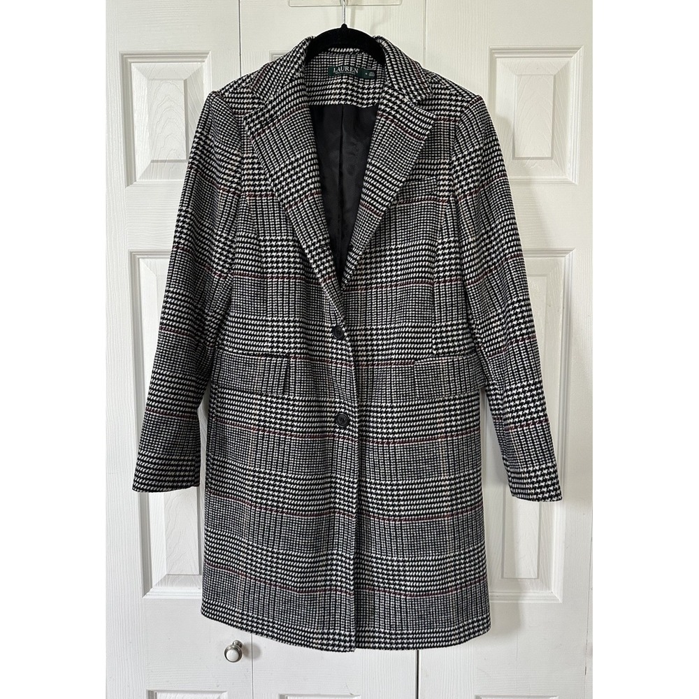 Lauren Ralph Lauren Women's Single-Breasted Wool Blend Coat Houndstooth Sz 6